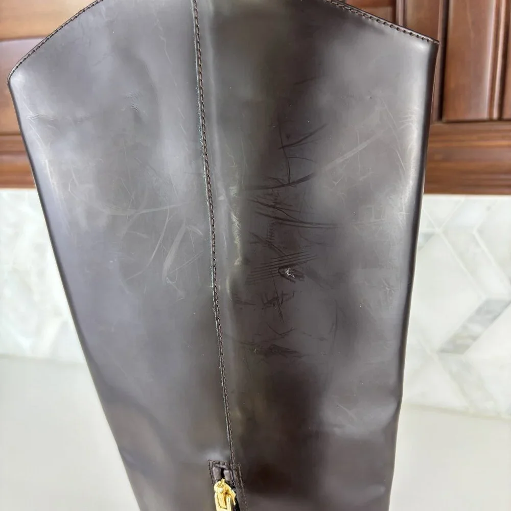 39/9 Dark Brown Walnut Round Toe Block Heel Wide Sole Knee High Pull On Zip Boot - Picture 12 of 16